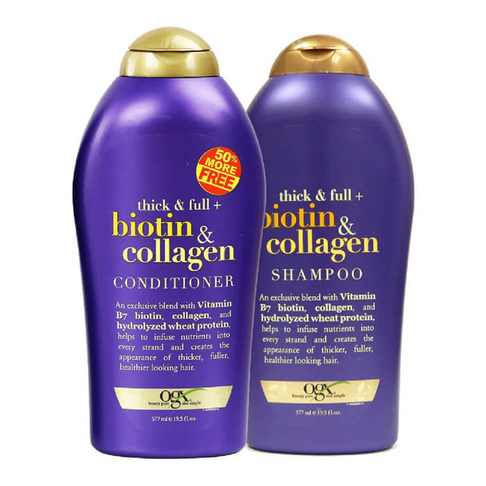 Bộ dầu gội xả kích thích mọc tóc OGX Biotin & Collagen Thick & Full của Mỹ 577ml